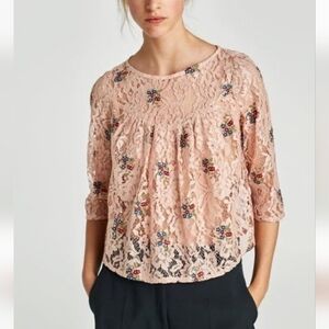 Zara Floral Embroidered Lace Top  Size L Sheer Spring Pink Shirt Fairy Pastel